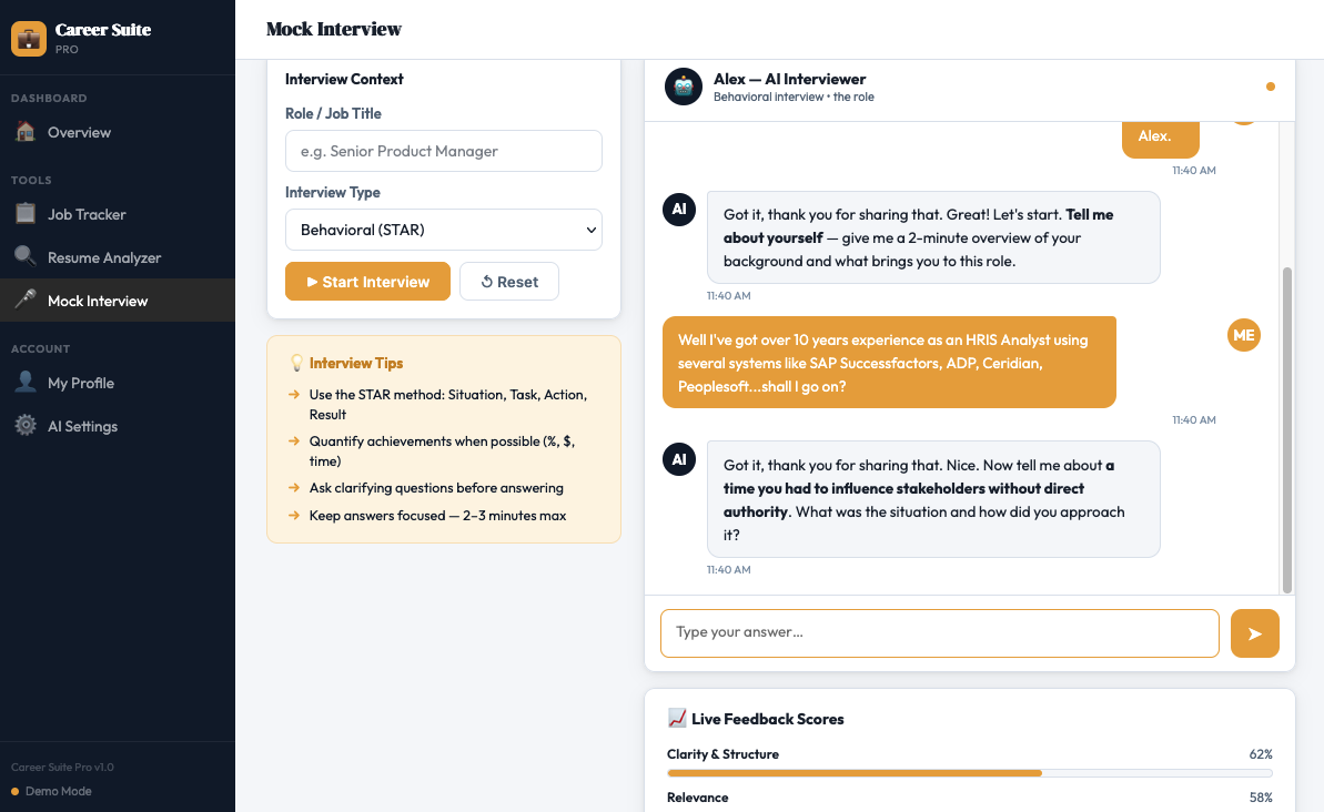 Career Suite Pro — AI Mock Interview screen showing live behavioral interview with feedback scores